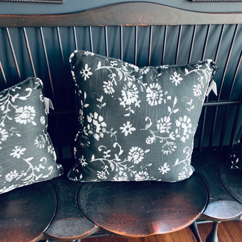 Set of Two (2) Handmade 16" Black Floral Cotton Pillow in  Upholstery Fabric